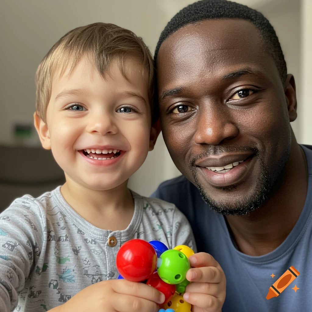 Smiling little boy with a toy and a man, captured in a close-up, warm family portrait.