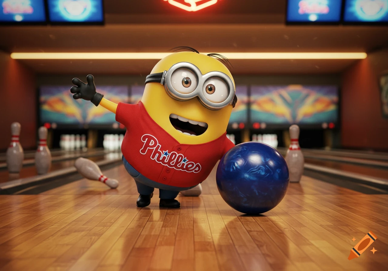 A happy Minion in a red Phillies jersey smiles as it prepares to bowl a blue ball down a wooden lane in a detailed bowling alley.