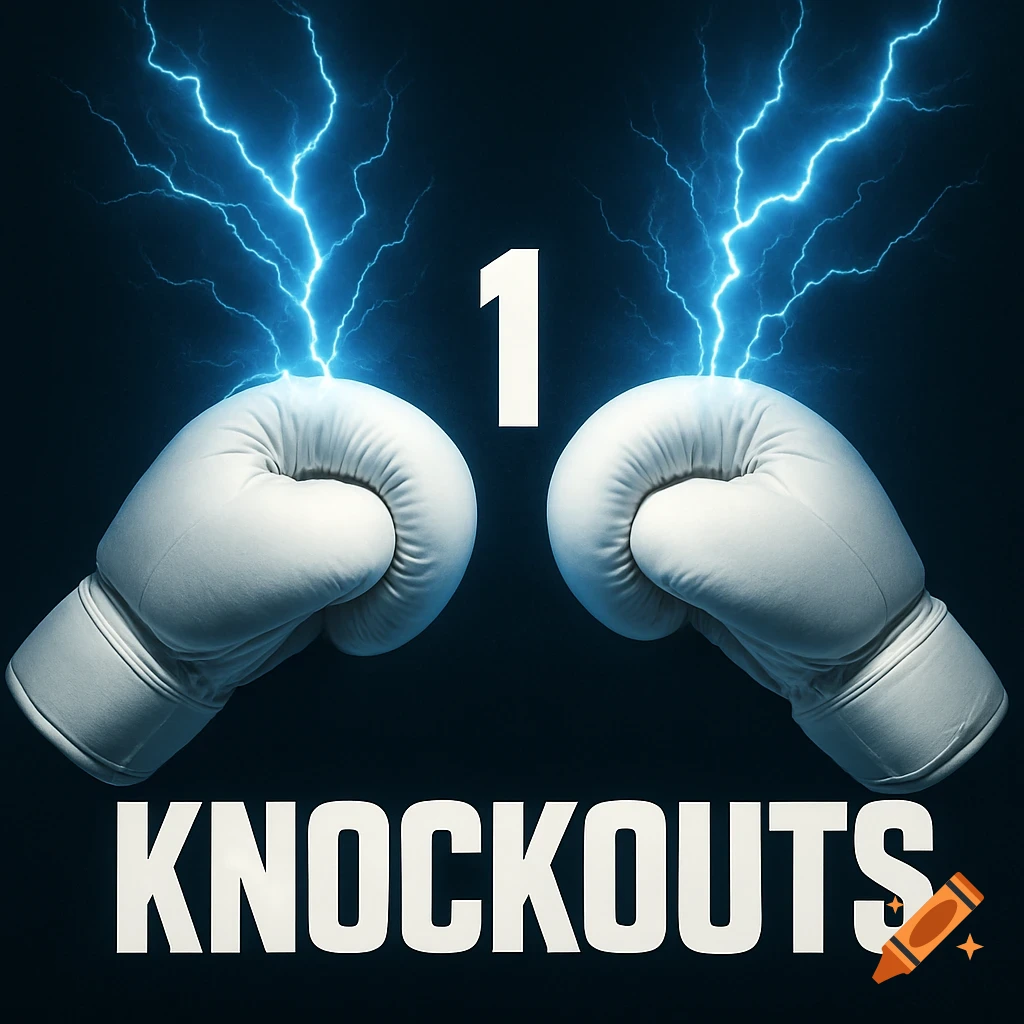 Two white boxing gloves face each other with blue lightning, the number 1, and 'KNOCKOUTS' text below.