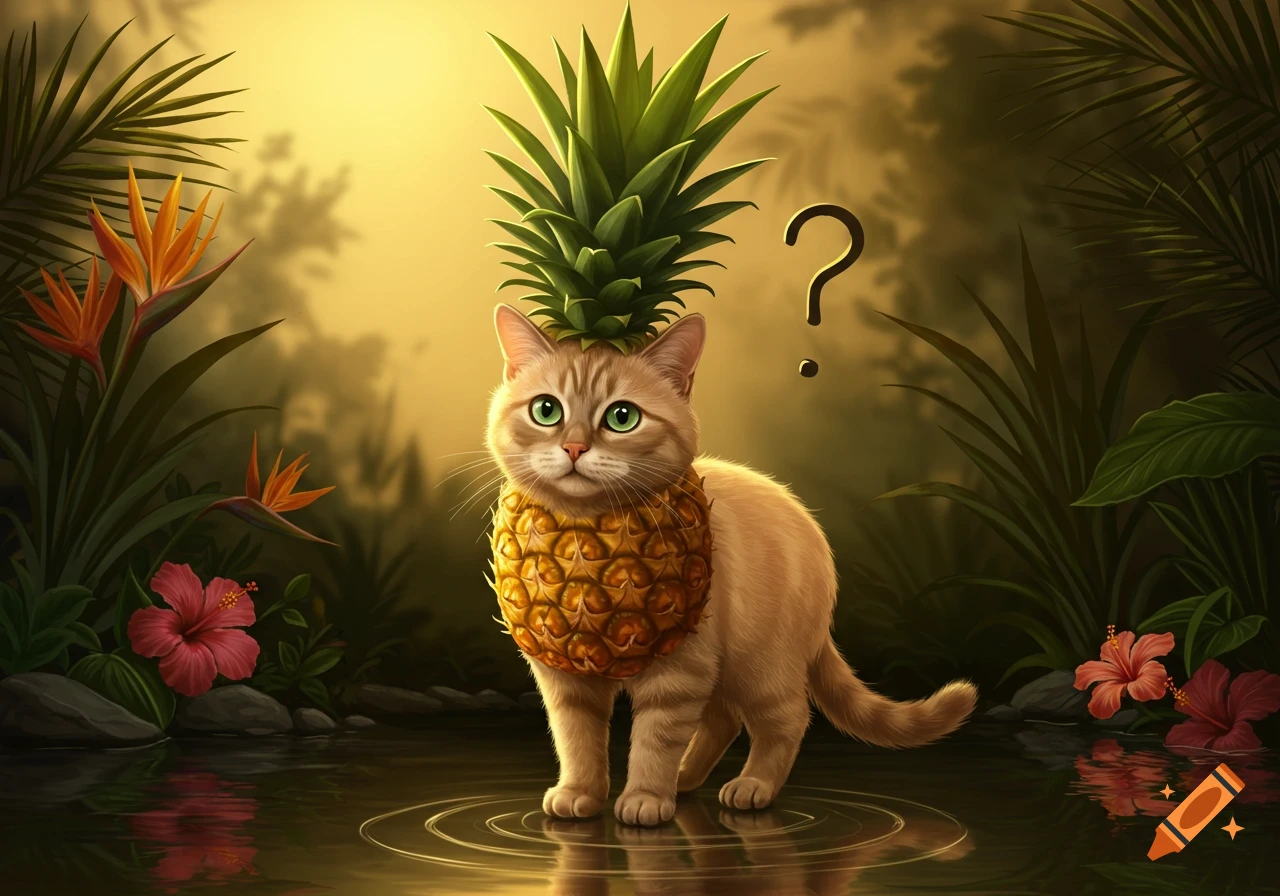 A cute cat with bright green eyes has a pineapple on its head and body, standing in shallow water with a question mark floating above, in a lush tropical setting.