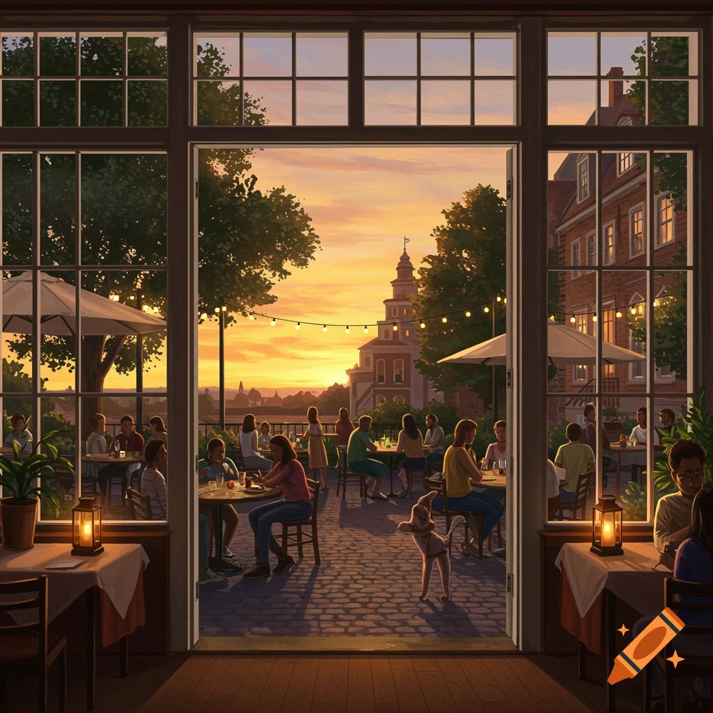 An illustration from inside a restaurant looking out to a bustling outdoor patio at sunset, with old brick buildings and trees.