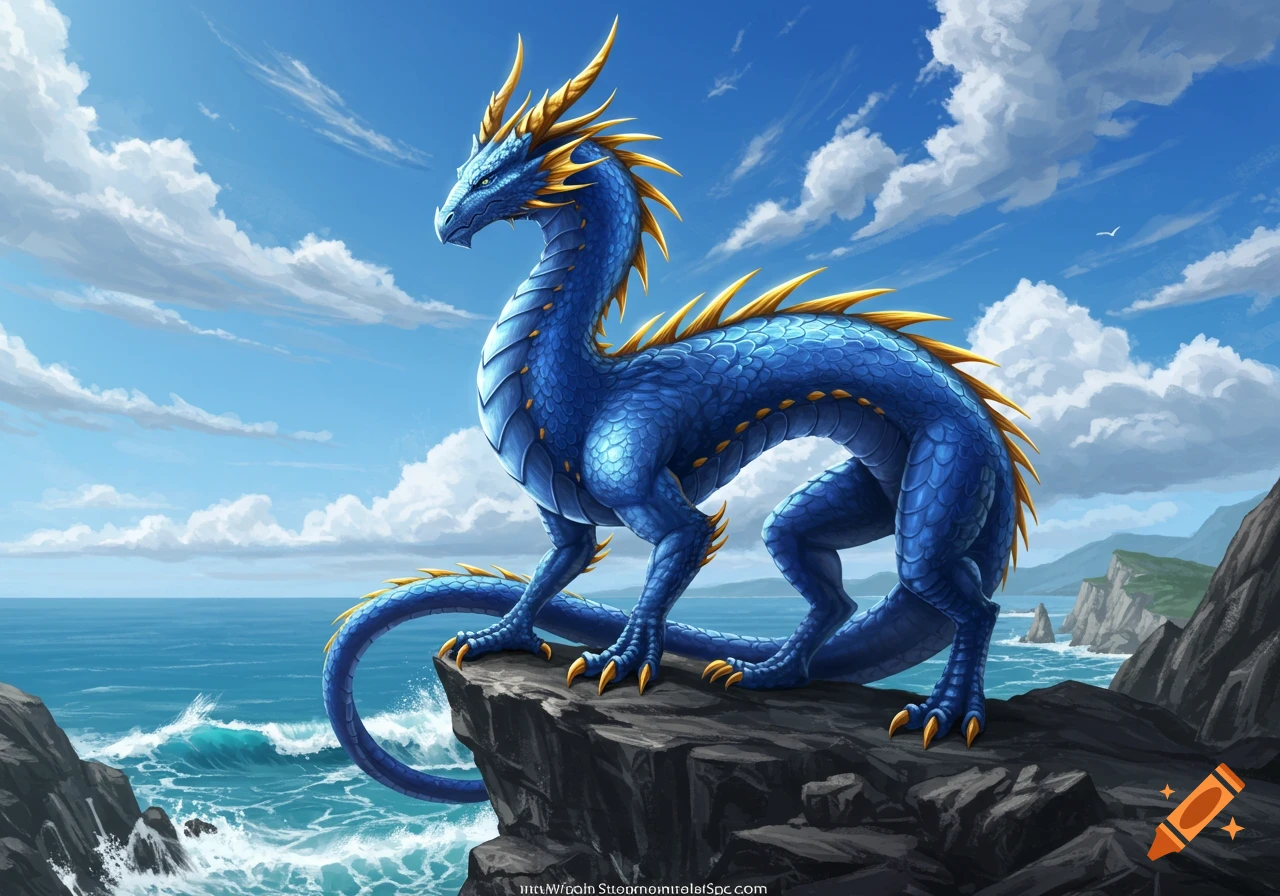 A majestic blue dragon with gold horns, claws, and spines stands on a rocky cliff overlooking a wavy blue ocean under a partly cloudy sky.