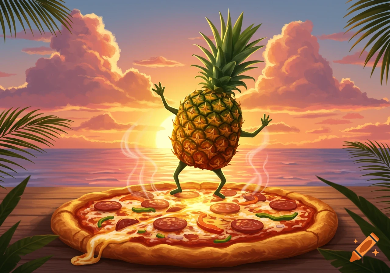 A whimsical pineapple dances on a pizza on a wooden table, against a vibrant sunset over a tropical beach.