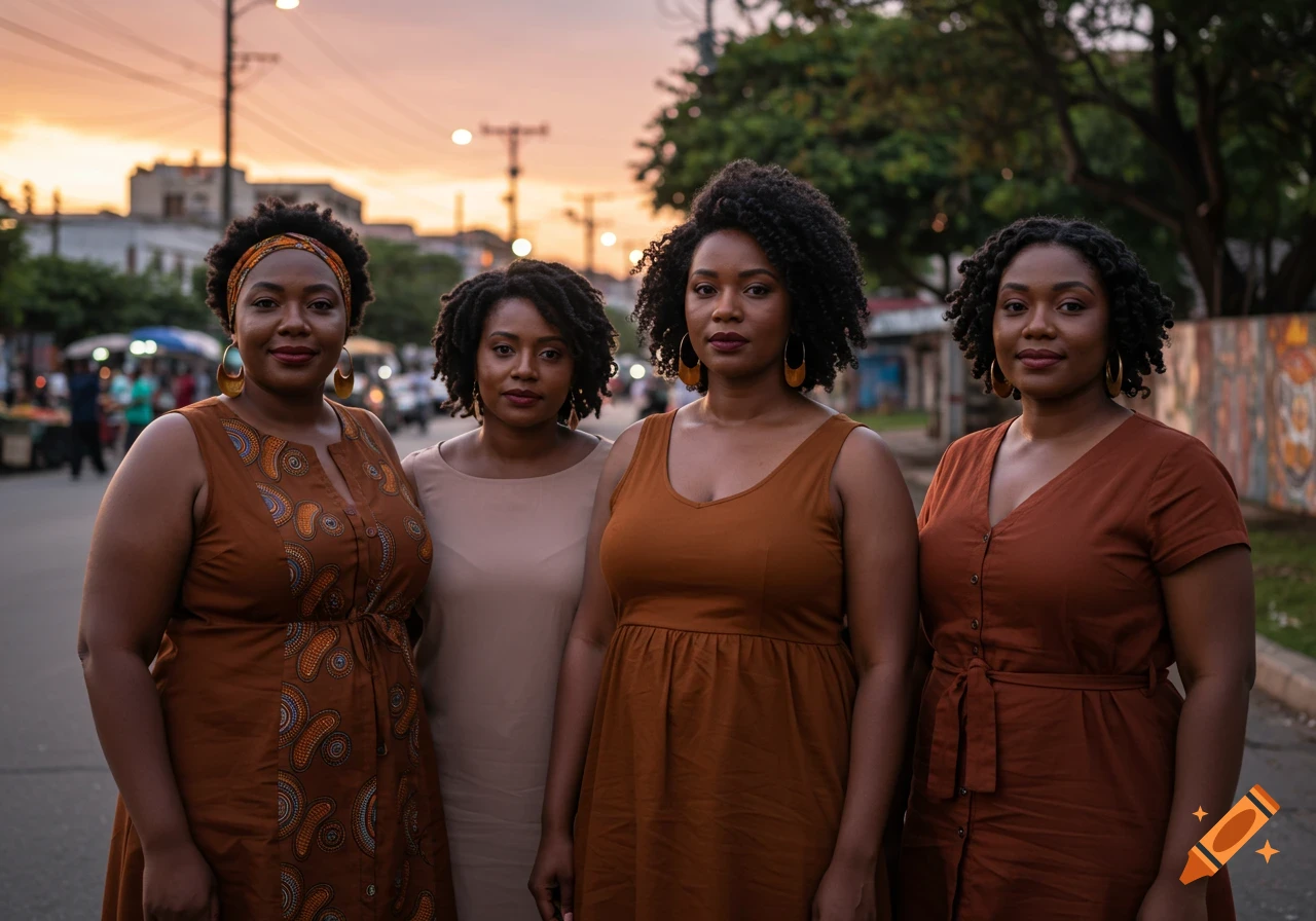 Four Black women stand together on a street at sunset.