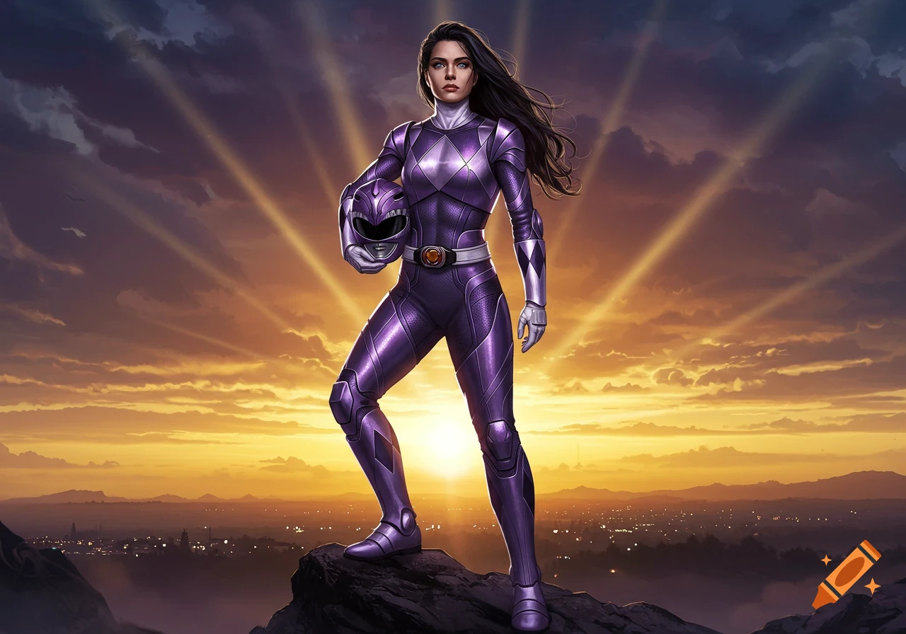 A female Purple Power Ranger stands confidently on a mountain peak at sunset, holding her helmet, with a city skyline in the distance.