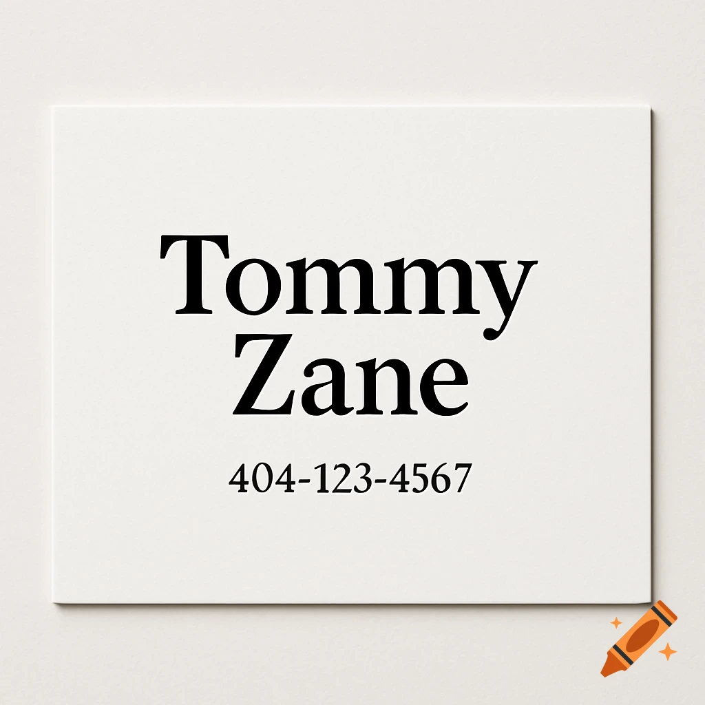 A white business card with the name Tommy Zane and phone number 404-123-4567 in black serif font.