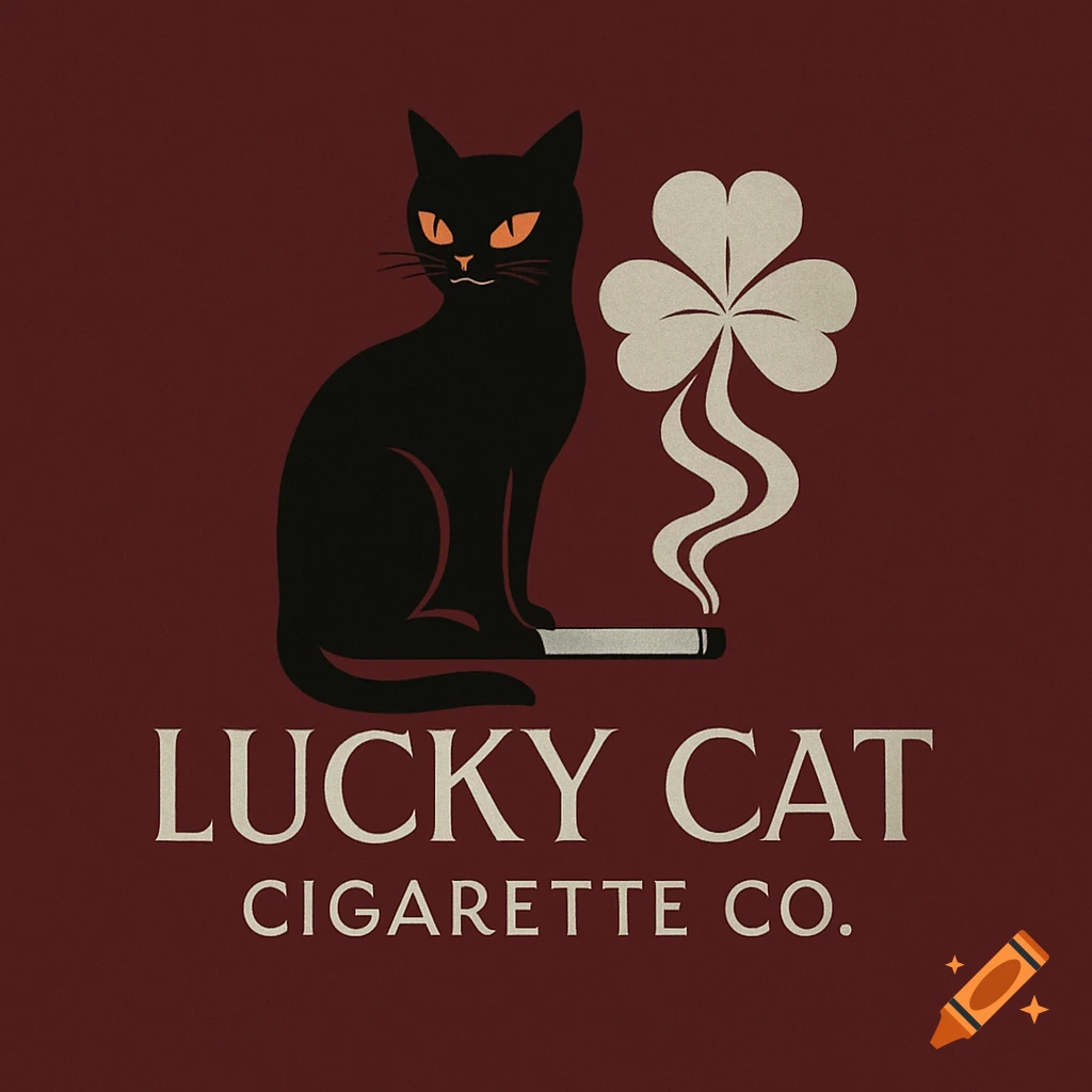 Vintage-style logo for Lucky Cat Cigarette Co. with a black cat sitting on a lit cigarette, with a shamrock and smoke next to it on a dark red background.