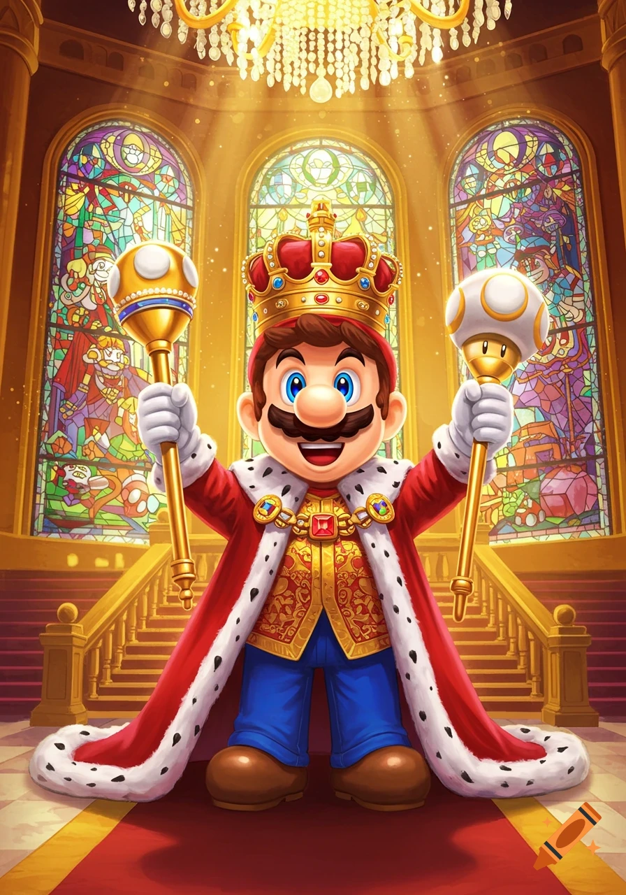 Stylized illustration of King Mario in a red royal robe and golden crown, holding scepters in a grand palace.