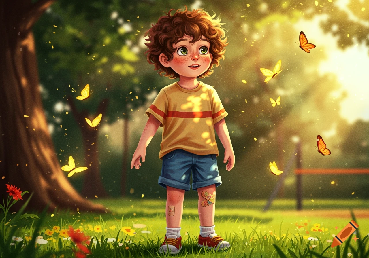 A smiling cartoon boy with curly brown hair and freckles stands in a sunny park, surrounded by yellow butterflies.