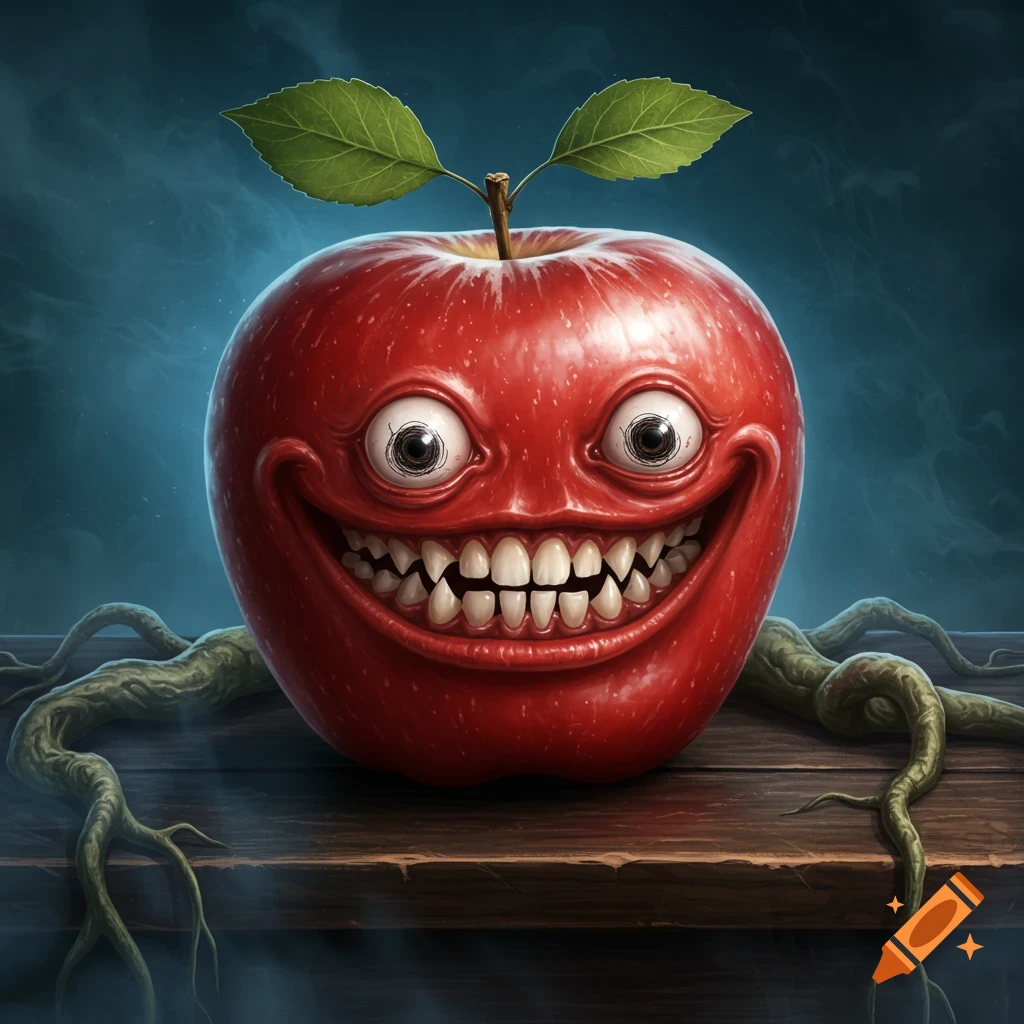 A creepy red apple with wide, scribbled eyes and a big smile showing sharp teeth, sitting on a wooden surface with roots.