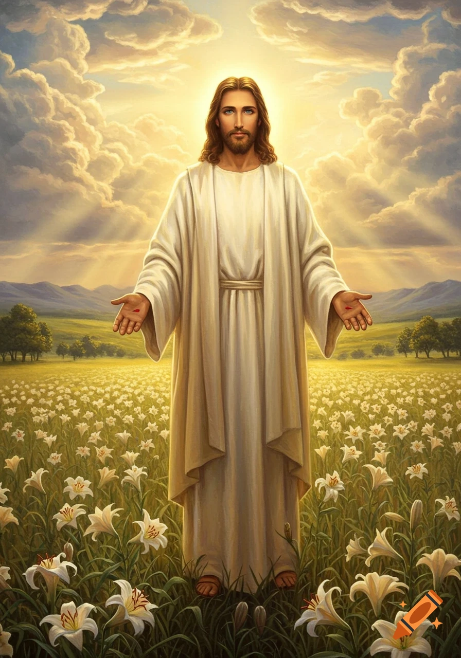 Jesus Christ with stigmata stands in a field of white lilies under a radiant, cloudy sky, arms outstretched.
