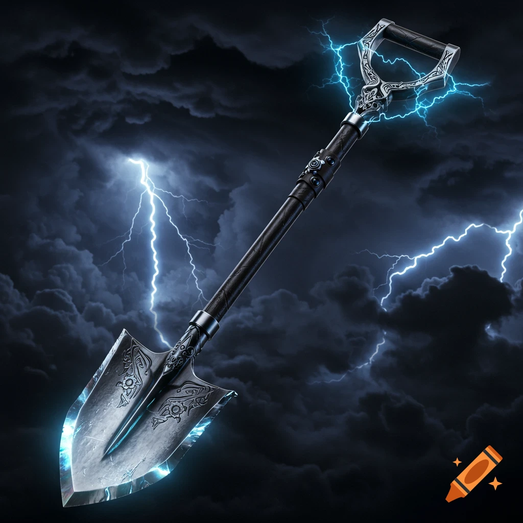 Ornate fantasy combat shovel glowing with blue energy and lightning against a dark, stormy sky.