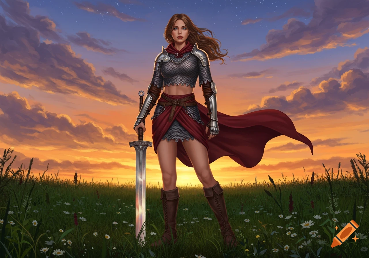 A young female warrior in chain mail and a red skirt holds a great-sword in a grassy field at sunset, fantasy art.