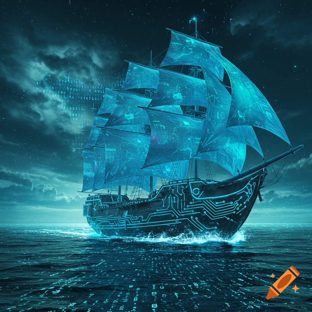 A futuristic digital sailing ship, glowing with teal circuit patterns and binary code, sails across a dark ocean under a starry night sky.