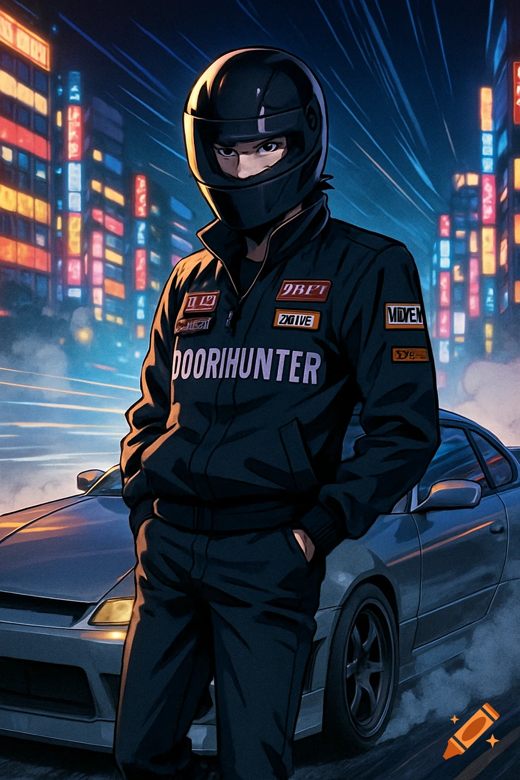 Anime-style portrait of a drift car driver in a black helmet and racing jacket with "DOORHUNTER" logo, leaning on a car in a neon-lit city at night.