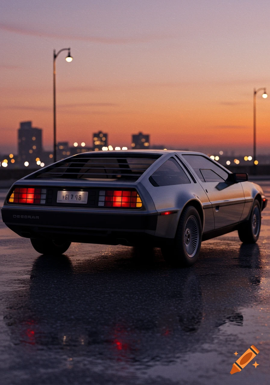 Rear view of a silver DeLorean car on a wet road at sunset with city lights in the background.