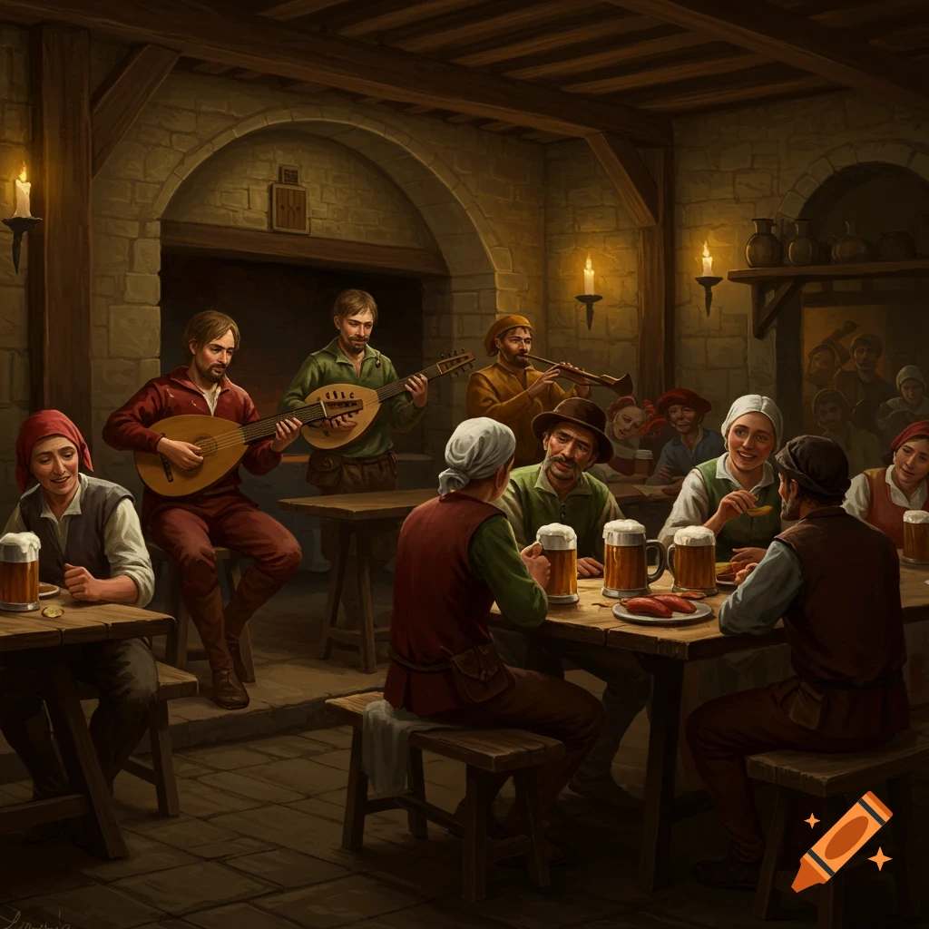 A medieval tavern scene with peasants drinking beer and eating. Three musicians play stringed instruments and a flute while others socialize.