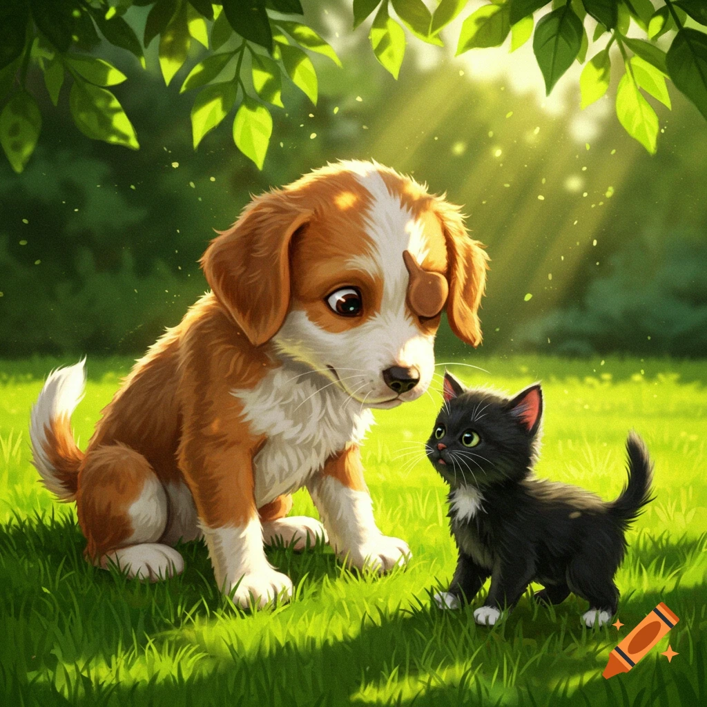 A cute, floppy-eared brown and white puppy with a brown eye patch looks down at a tiny, curious black kitten with white paws in a sunny, green backyard, cartoon style.