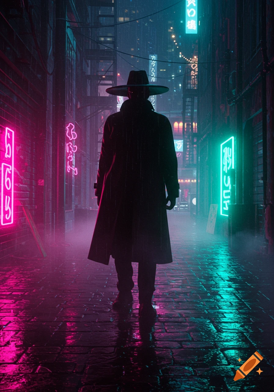 A mysterious person in a trench coat and wide-brimmed hat walks through a rainy, neon-lit cyberpunk city alley at night.