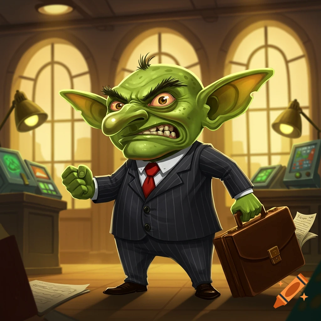 An angry cartoon goblin in a pinstripe business suit, with a clenched fist and a briefcase, standing in an office with arched windows.