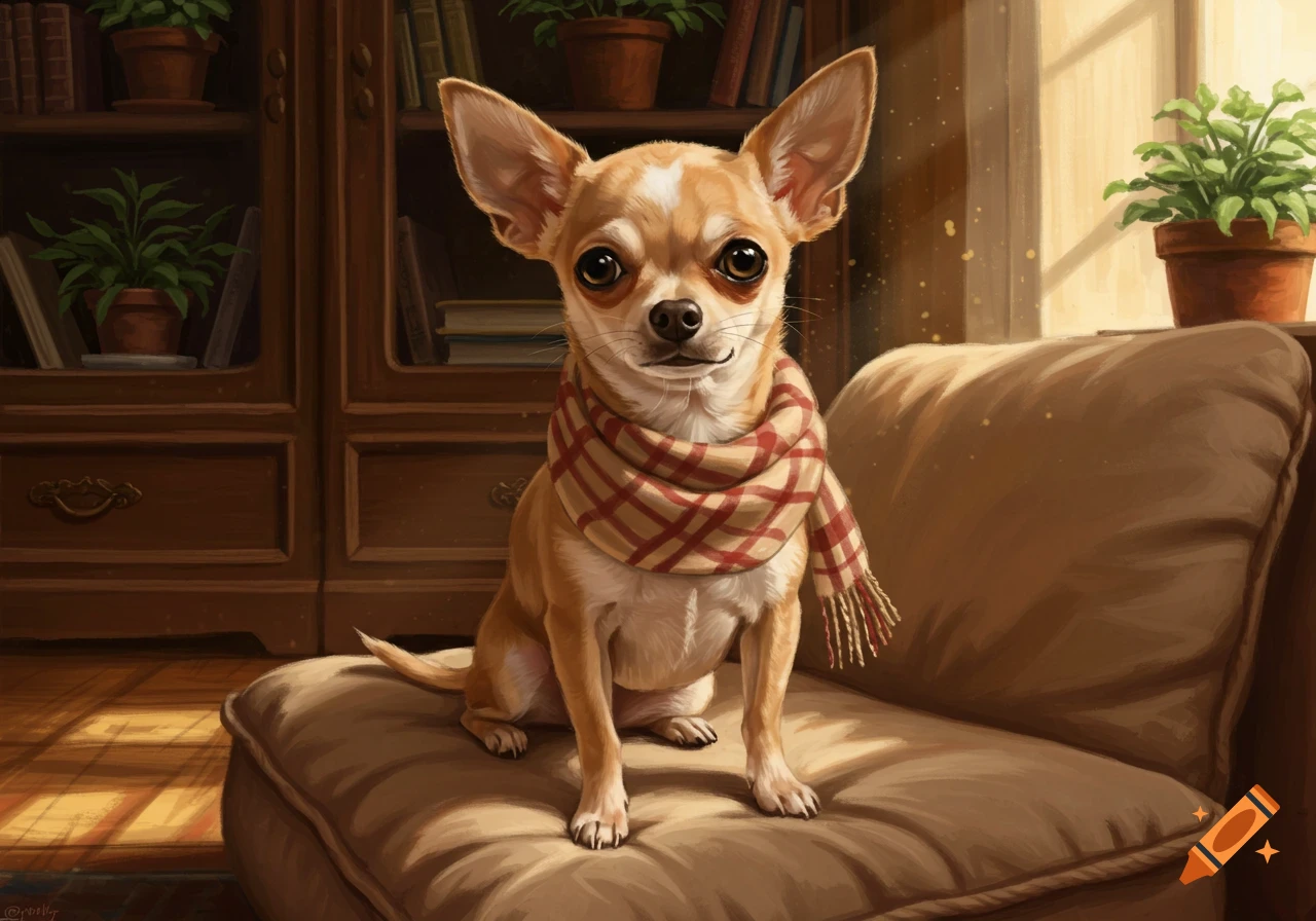 A cute chihuahua wearing a plaid scarf sits on a brown couch in a cozy room with bookshelves and plants.
