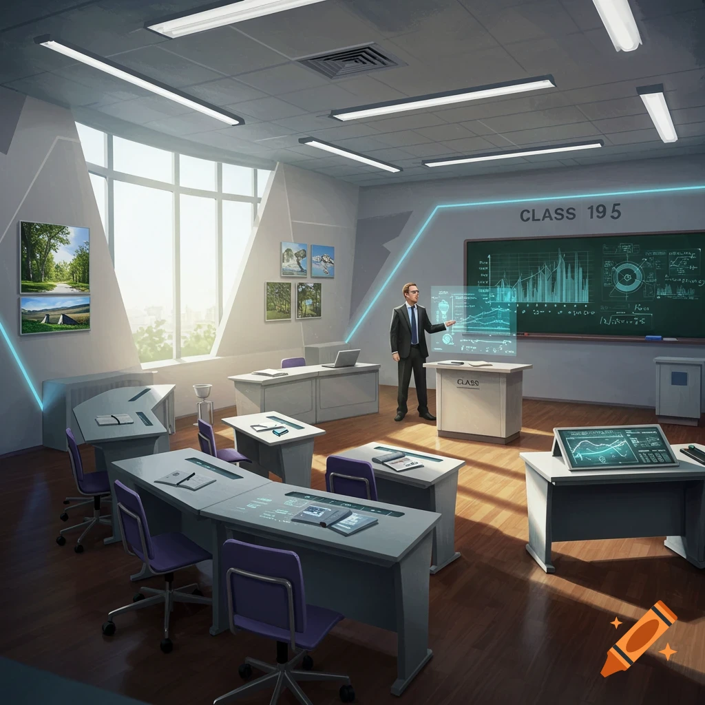 A man in a suit gives a presentation with holographic displays in a modern, futuristic classroom with large windows.