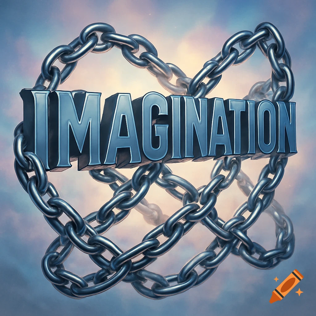 3D metallic word "IMAGINATION" intertwined with heavy metal chains against a soft, cloudy sky.