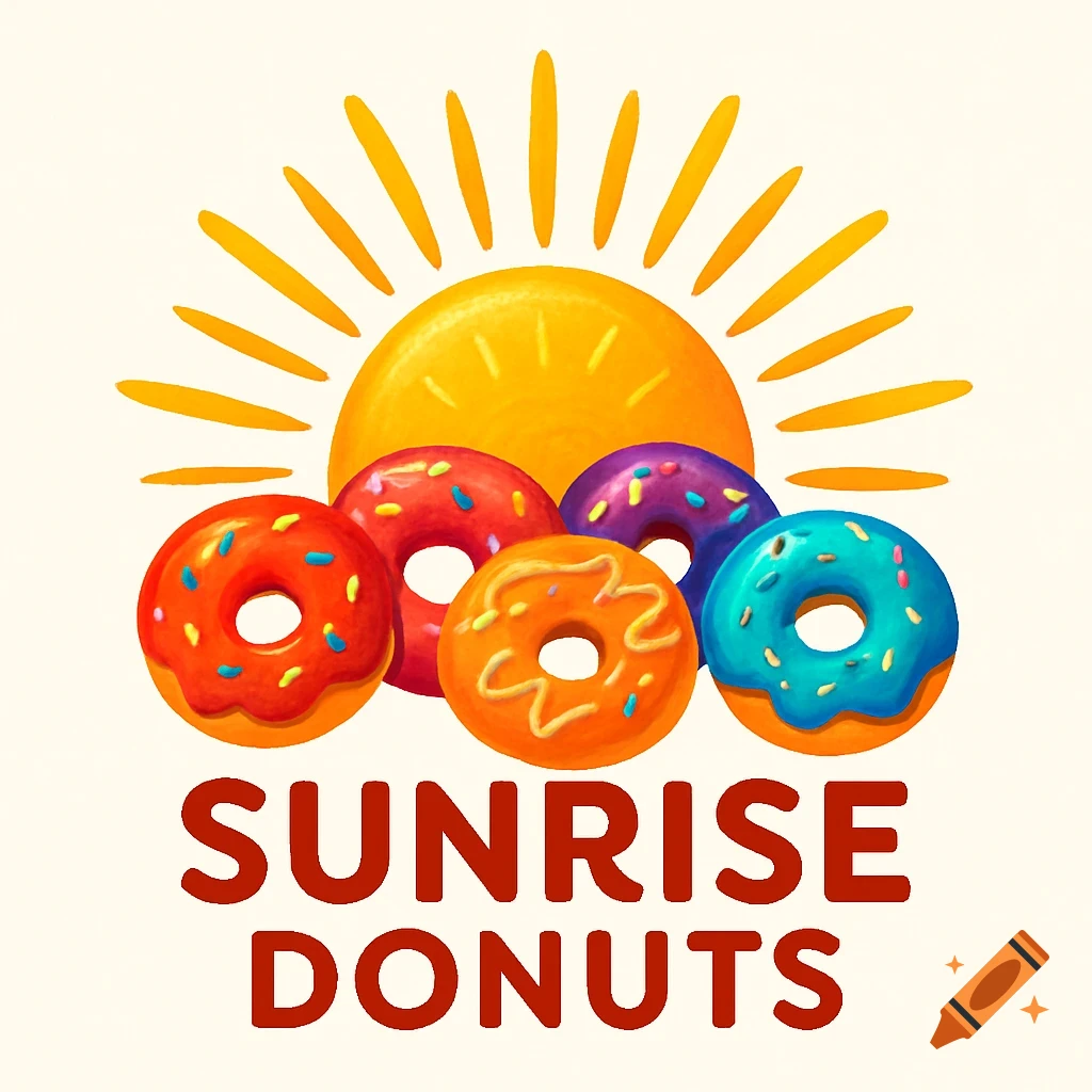 A colorful logo for Sunrise Donuts, featuring a bright yellow sun with radiating beams above five vibrant donuts with sprinkles. Text reads "SUNRISE DONUTS".