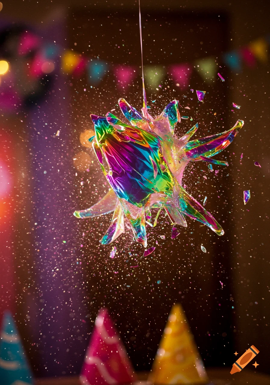 A photorealistic iridescent balloon explodes in a shower of colorful particles at a party, with blurred party hats in the foreground.