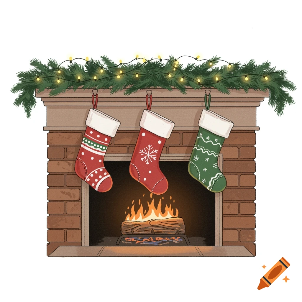 Illustrated fireplace with three Christmas stockings, garland, and string lights.