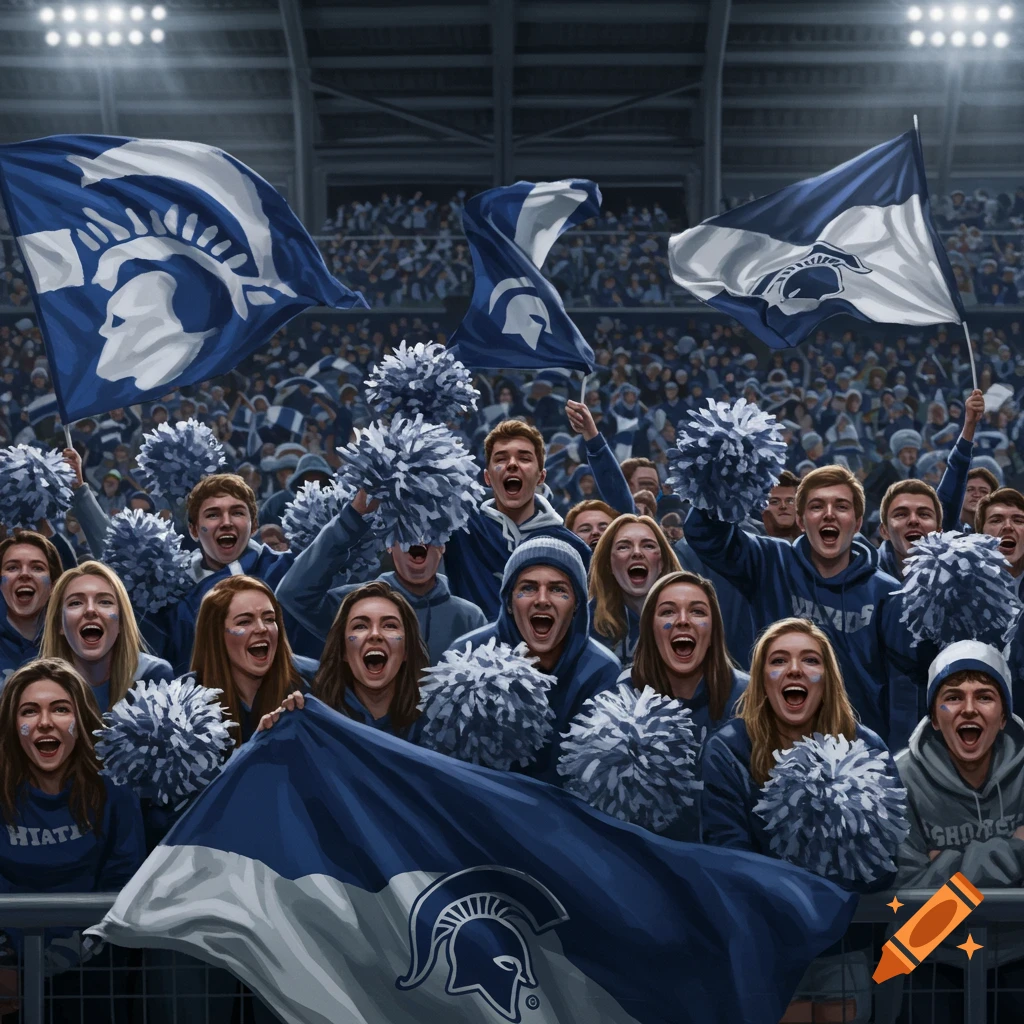 A large crowd of enthusiastic sports fans in blue and white cheer at a stadium, holding flags with a Spartan helmet logo and pom-poms. The scene is brightly lit by stadium lights.