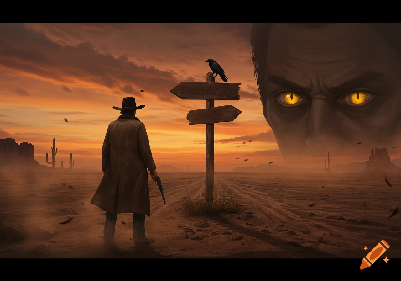 A cowboy stands in a desert at sunset, facing a crossroads sign with a raven, while a giant, yellow-eyed face looms in the sky.