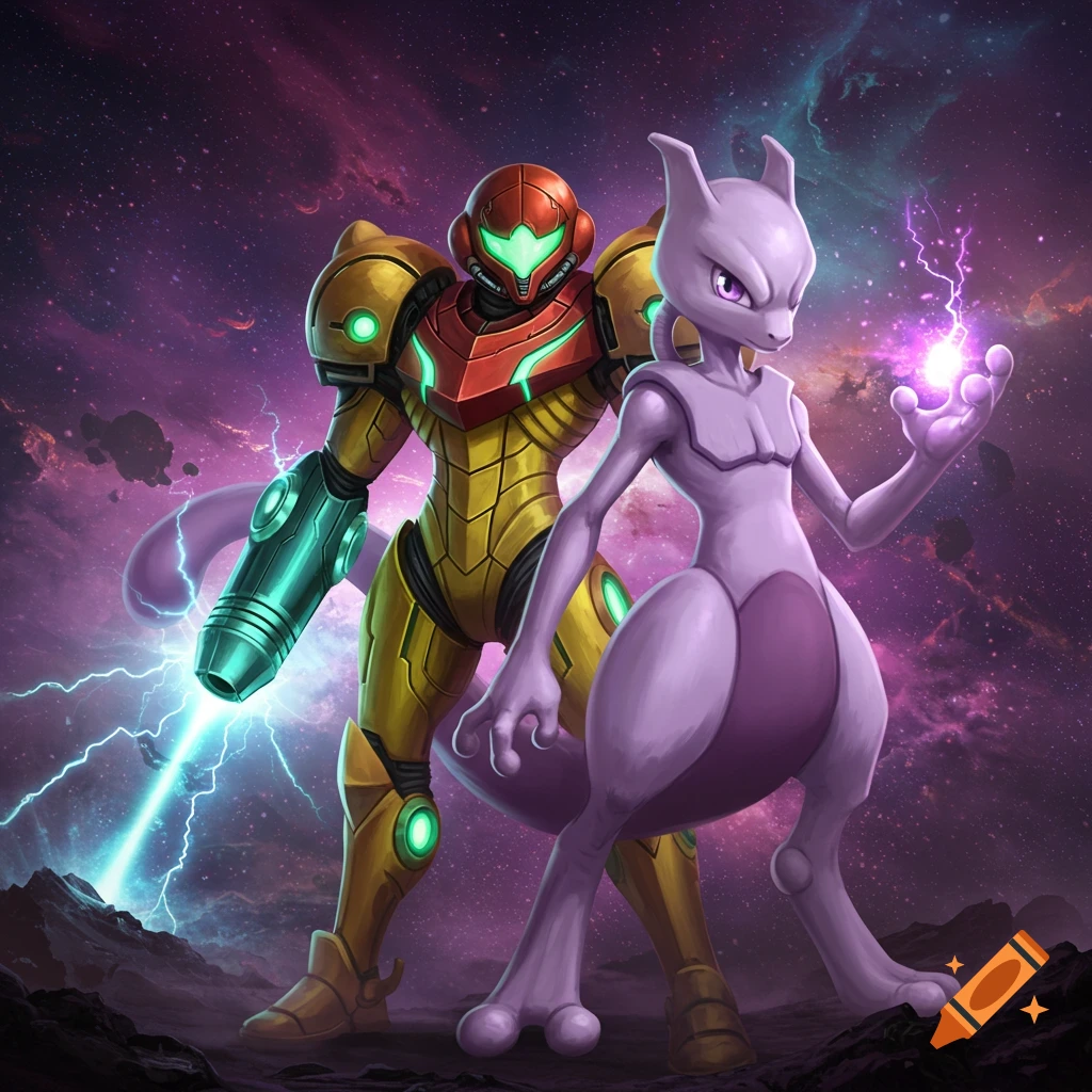 Samus in her yellow and red power suit stands next to purple Mewtwo, both emitting energy in a cosmic background.