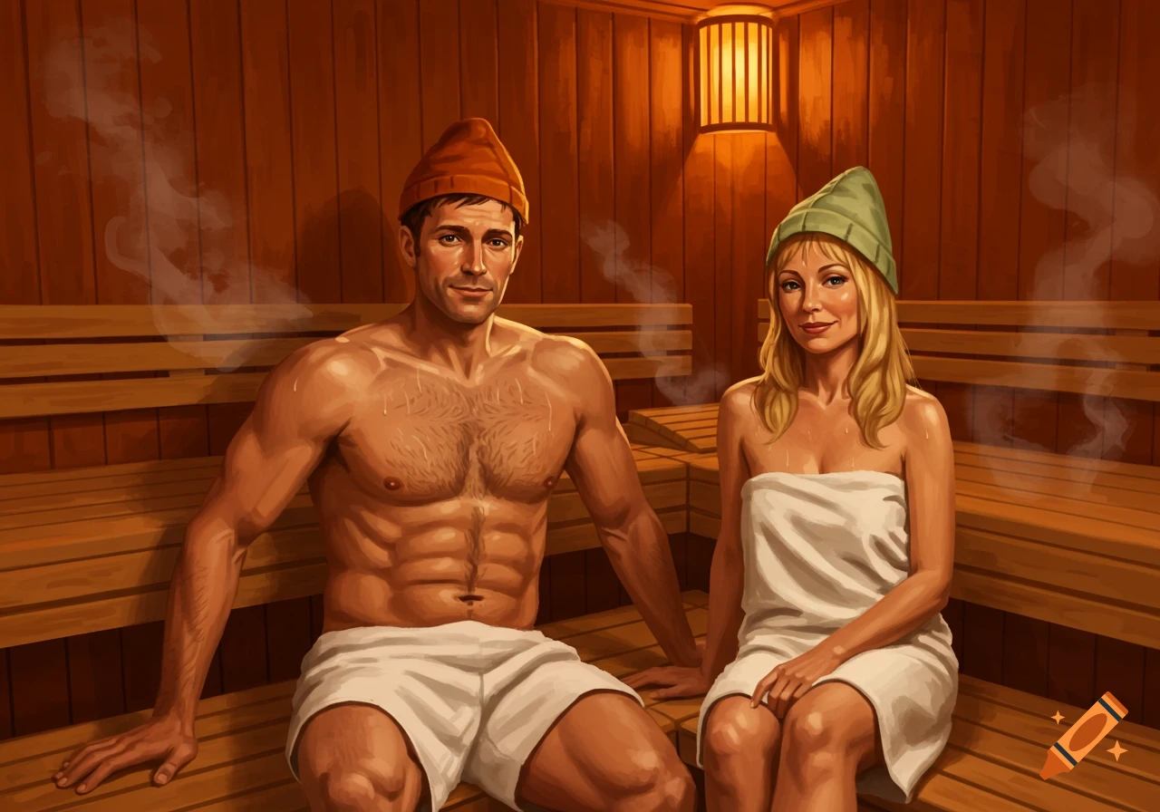 An illustrated man and woman in towels and sauna caps sit on wooden benches in a steamy sauna.
