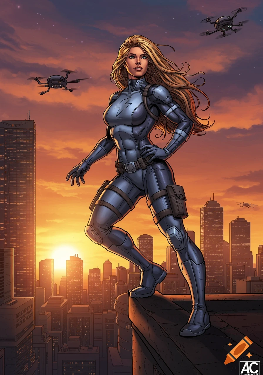 A female superhero in a silver armored suit poses on a city rooftop at sunset, with drones, in a comic book style.