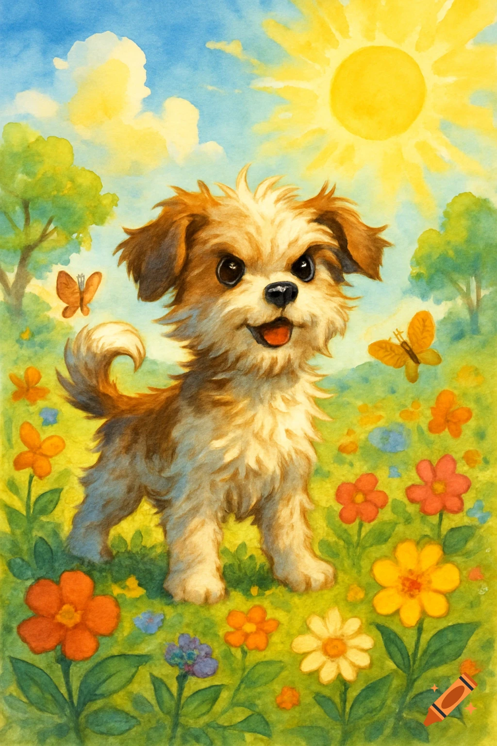 Watercolor illustration of a fluffy brown and white puppy in a sunny field of colorful flowers with butterflies.