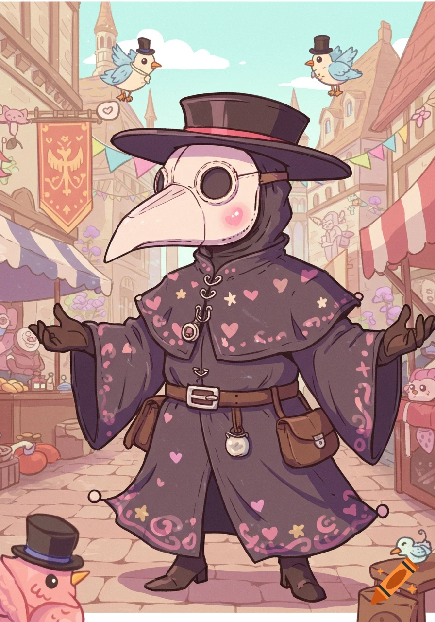 A whimsical cartoon plague doctor in a heart-patterned cloak and hat stands in a bustling market street with birds in top hats.