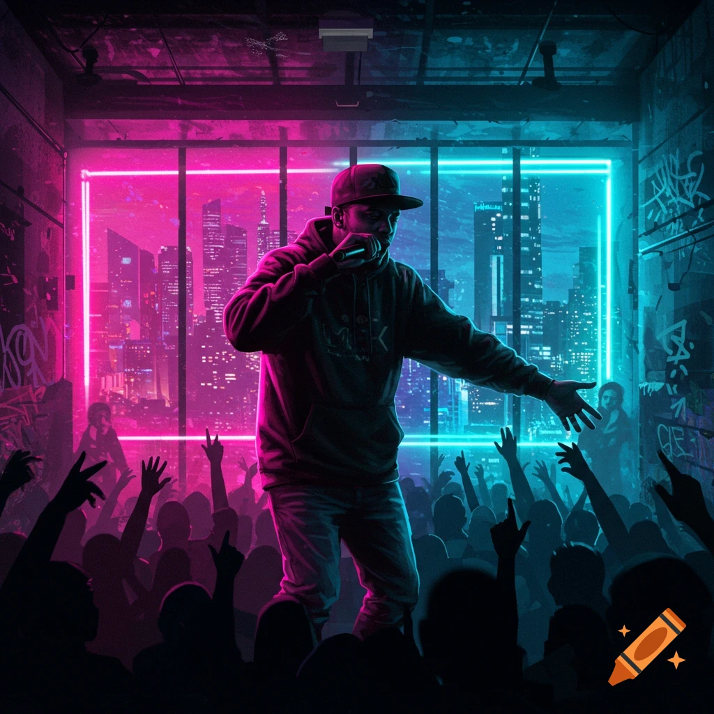 A rapper performs on stage under vibrant pink and blue neon lights, with a city skyline visible through a window and a silhouetted crowd raising their hands.