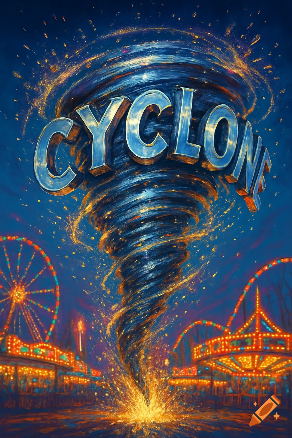 A vibrant, painterly tornado with the word 'CYCLONE' embedded, glowing with golden light above a bustling carnival at night.