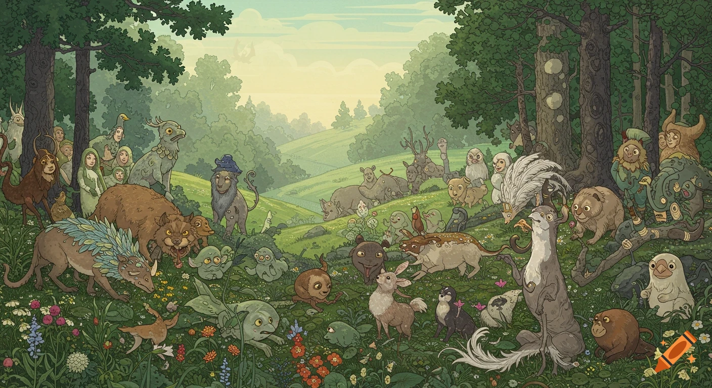 A detailed panoramic illustration of whimsical, fantastical creatures and humanoids gathered in a vibrant, lush forest and meadow.