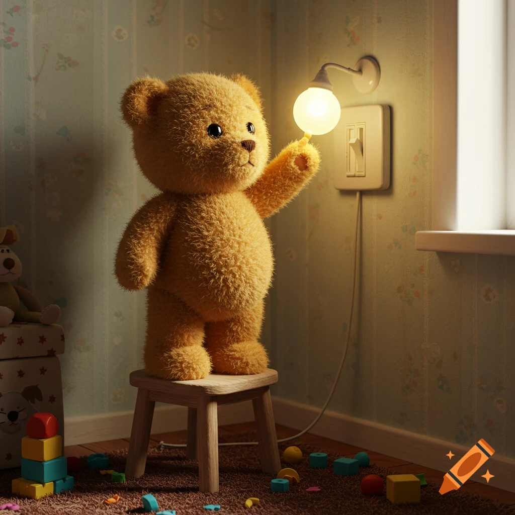 A fluffy teddy bear on a wooden stool reaches for a glowing wall light next to a light switch in a cozy child's room with scattered toys.