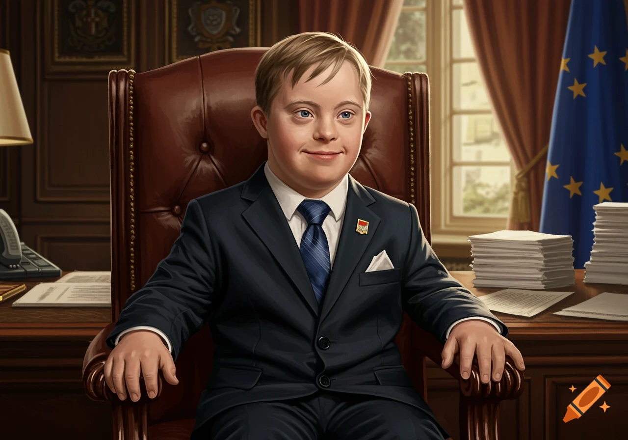 A young boy with Down syndrome in a suit sits in a large leather chair in a photorealistic office with an EU flag.