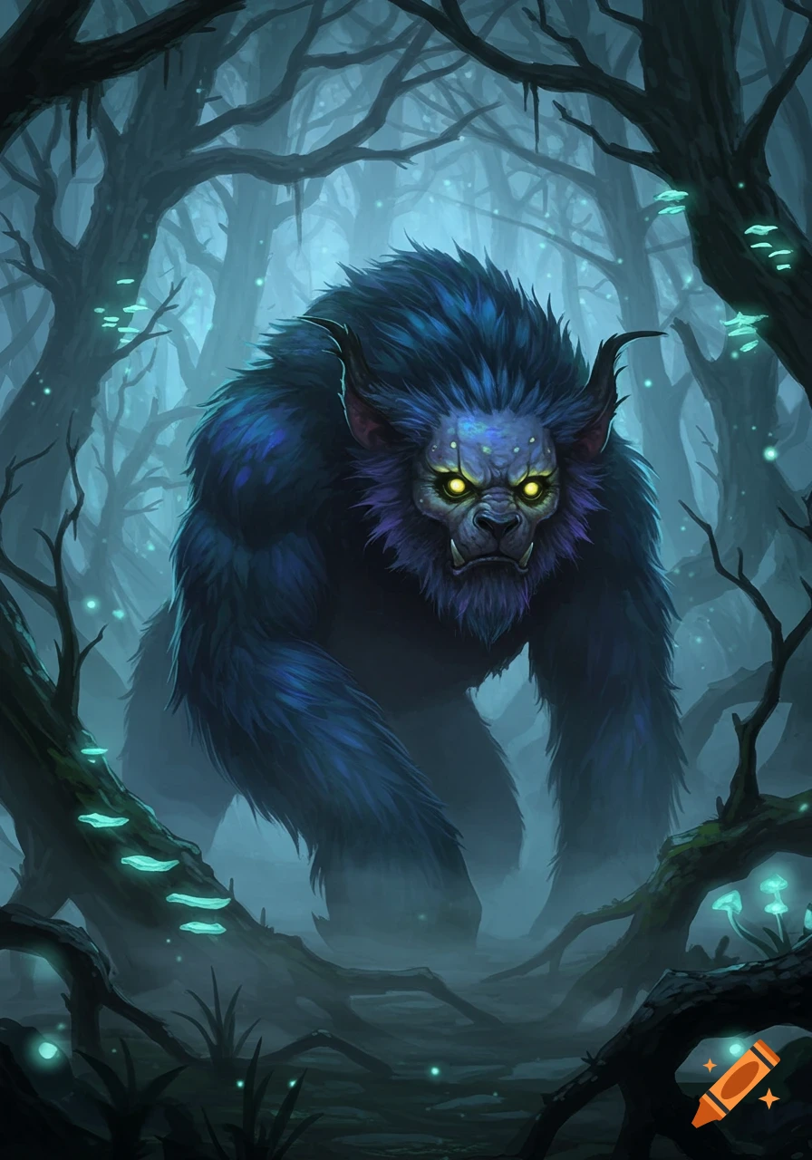 A large, furry, blue monster with glowing yellow eyes stands in a dark, misty fantasy forest with glowing mushrooms.