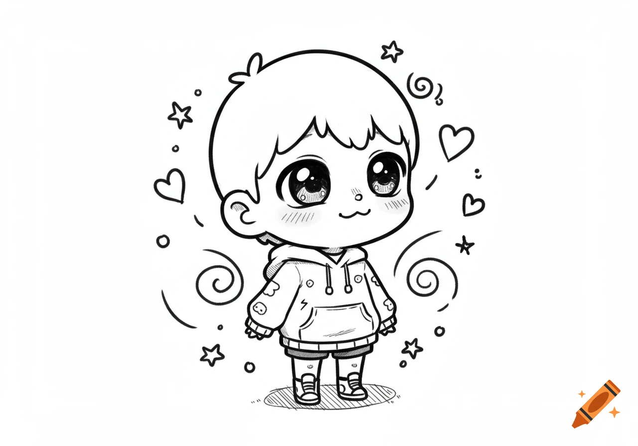 Black and white chibi cartoon drawing of a boy in a hoodie surrounded by hearts and stars.