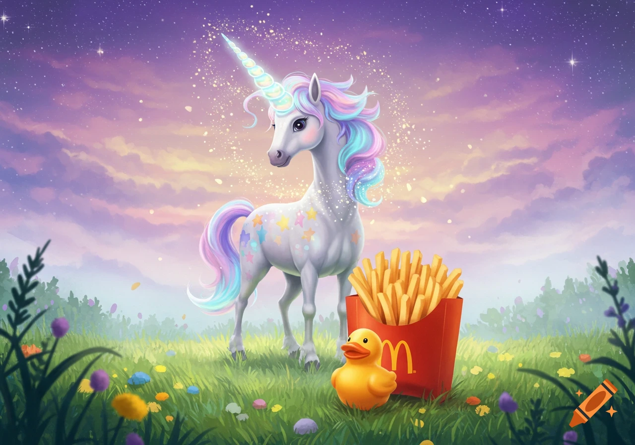 A vibrant cartoon unicorn with a rainbow mane stands in a field next to a McDonald's fries box and a rubber duck under a starry sky.