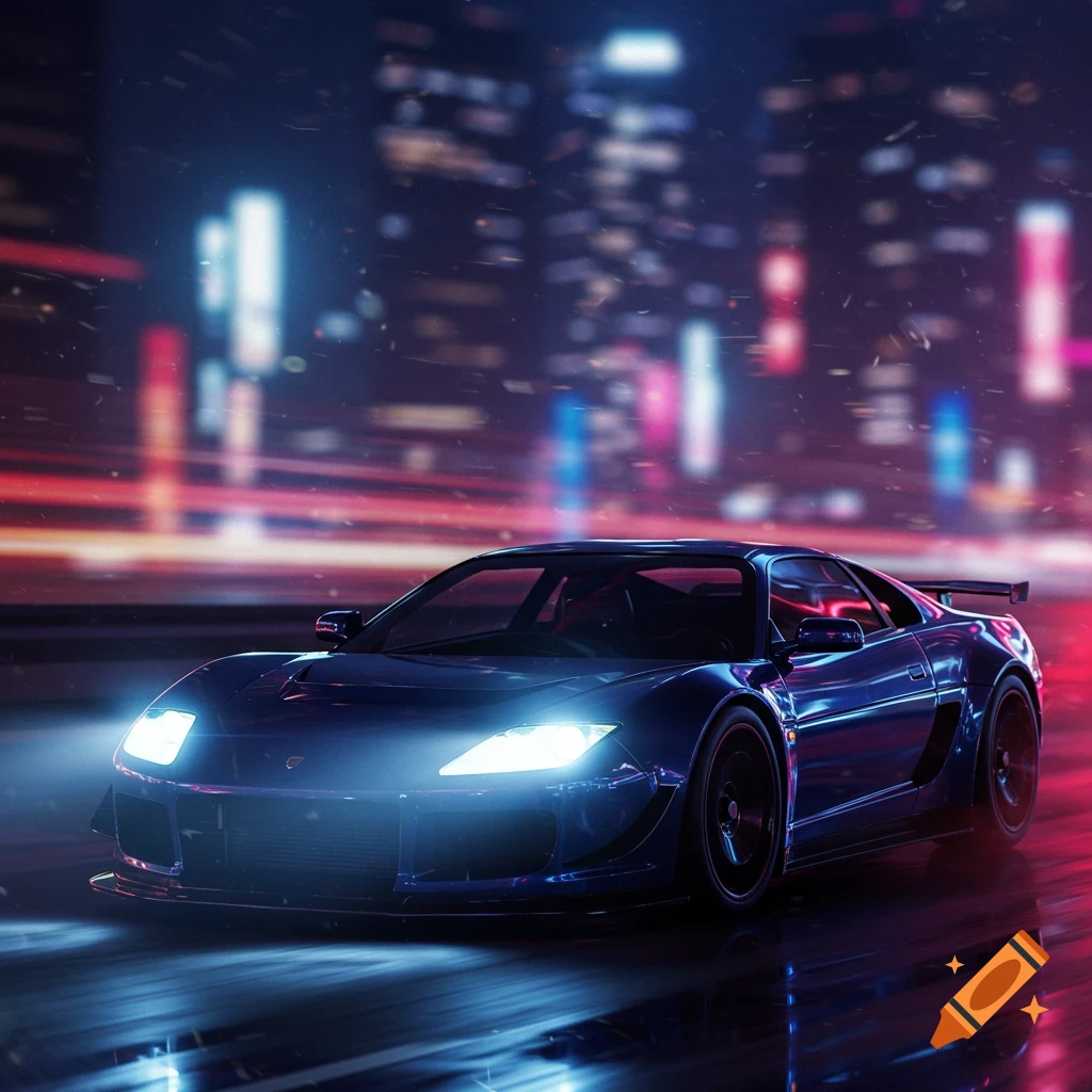 Sleek blue sports car with bright headlights on a wet city street at night, with blurred neon lights in the background.