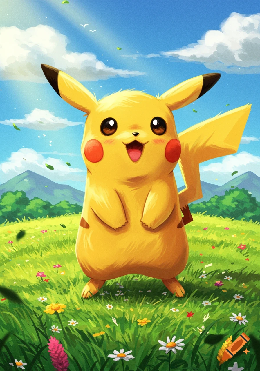 Cute Pikachu standing in a vibrant green field with colorful flowers under a bright blue sky with clouds. Anime style.