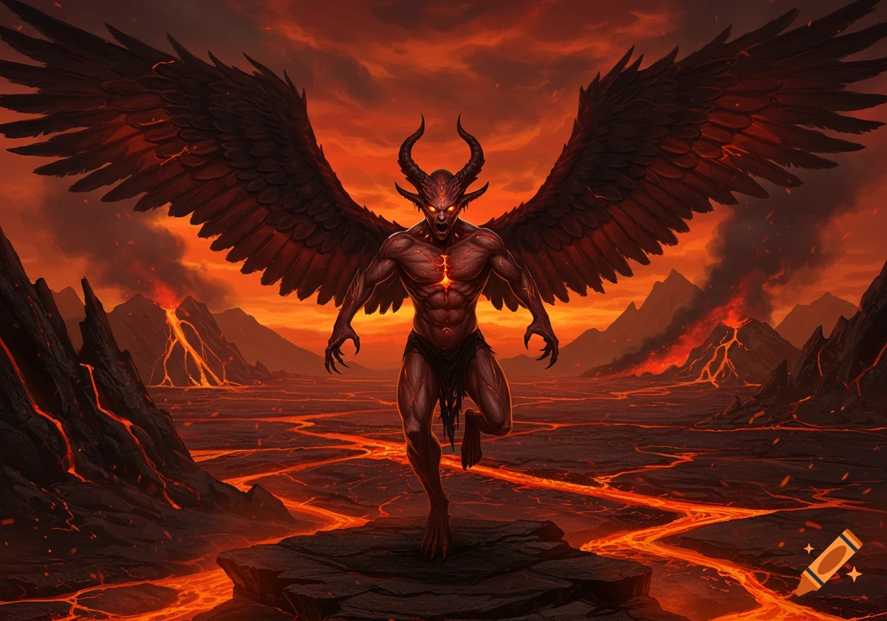 A powerful winged demon with horns and glowing eyes stands in a fiery hellscape with lava rivers and erupting volcanoes.