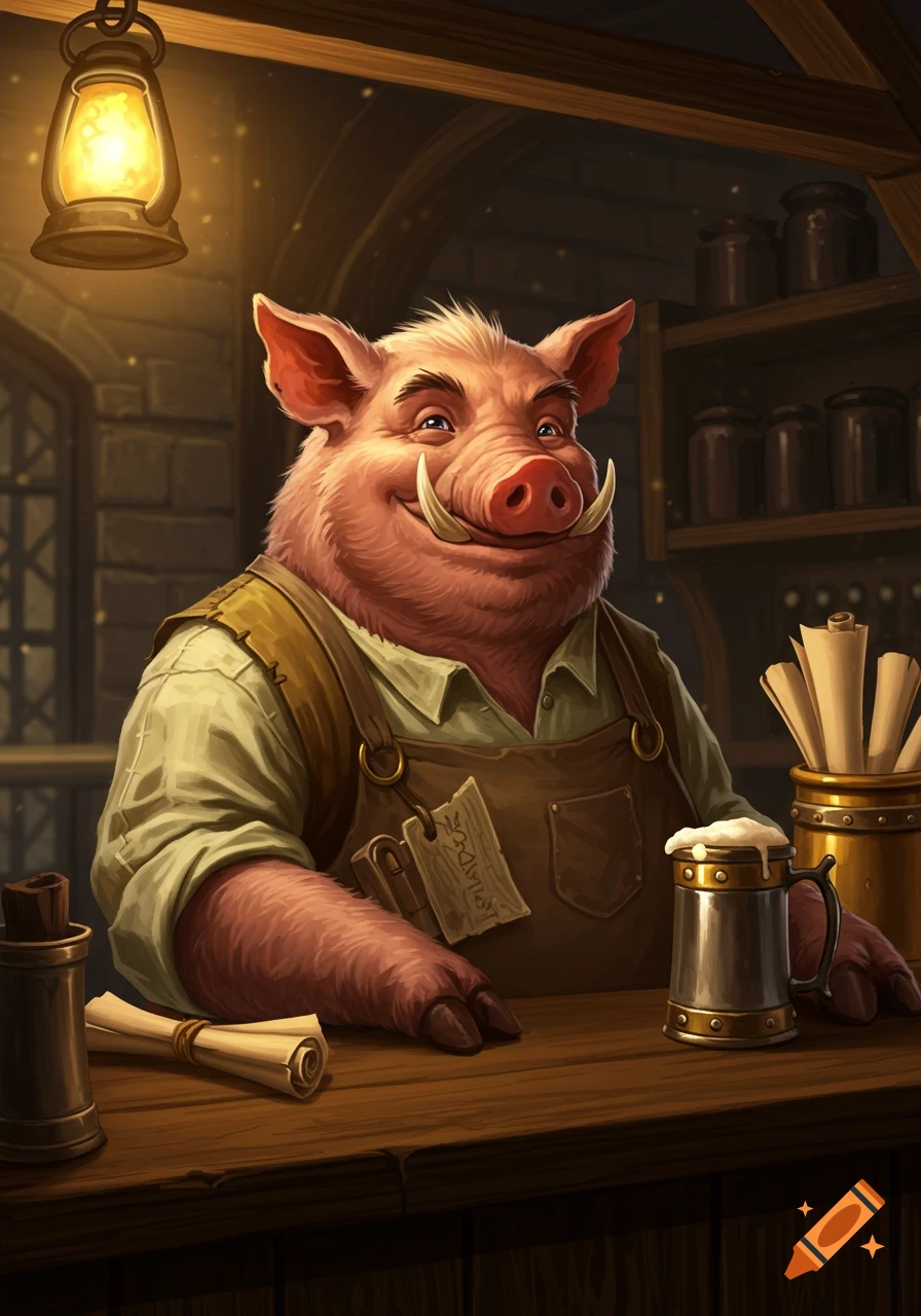 A smiling anthropomorphic pig innkeeper with tusks stands behind a wooden counter with a lantern, a tankard of ale, and scrolls in a fantasy tavern setting.