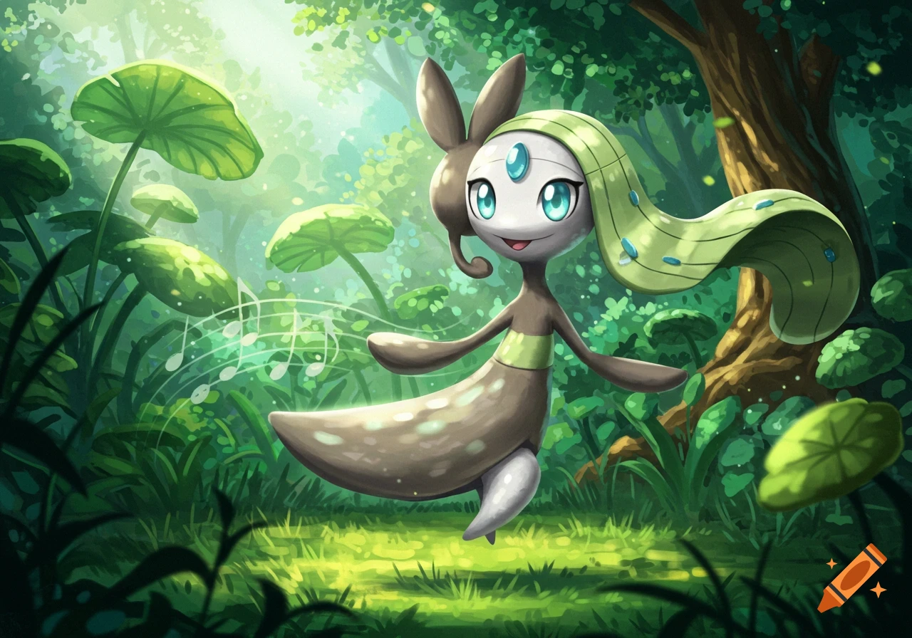 A lizard-like Pokemon Meloetta with green hair and blue gems on its face stands in a sunlit forest with floating musical notes.